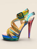 ViCo Unique Potsdam | Premium Secondhand Shop Damen High Heel Sandalen mit irisierendem Farbverlauf, Plateau und Stiletto-Absatz.